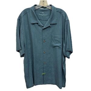Tommy Bahama Shirt Men Teal Green Silk Camp Hawaiian Floral Jacquard XXL Pocket